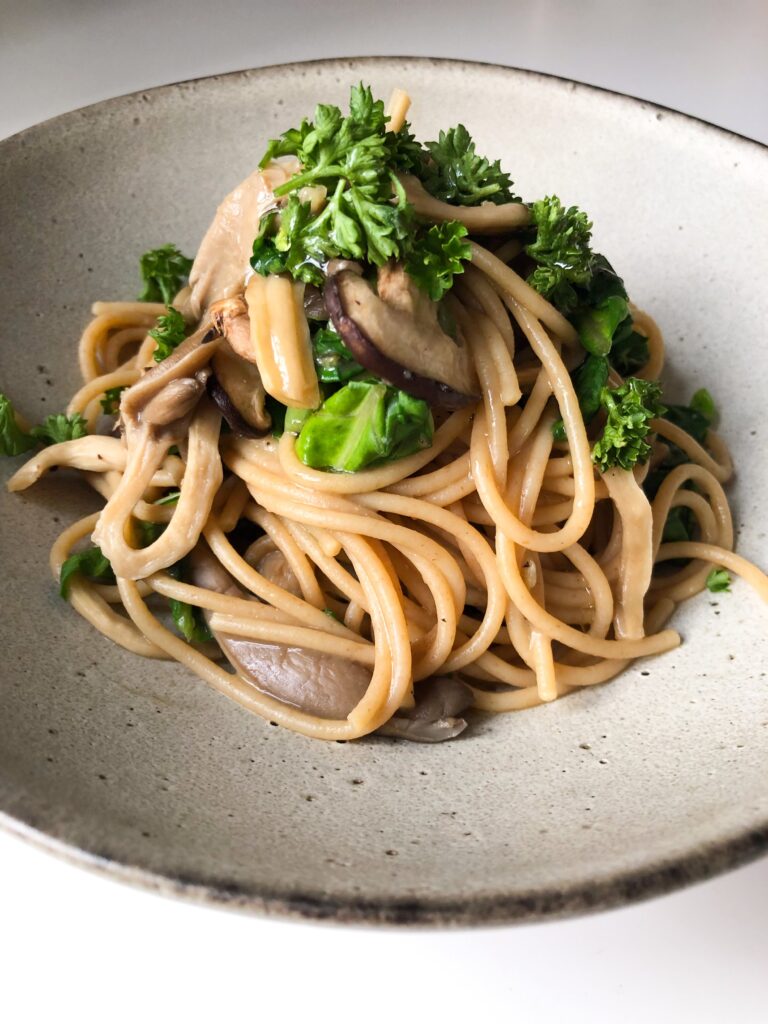 Mushrooms, Spinach and Miso Spaghetti