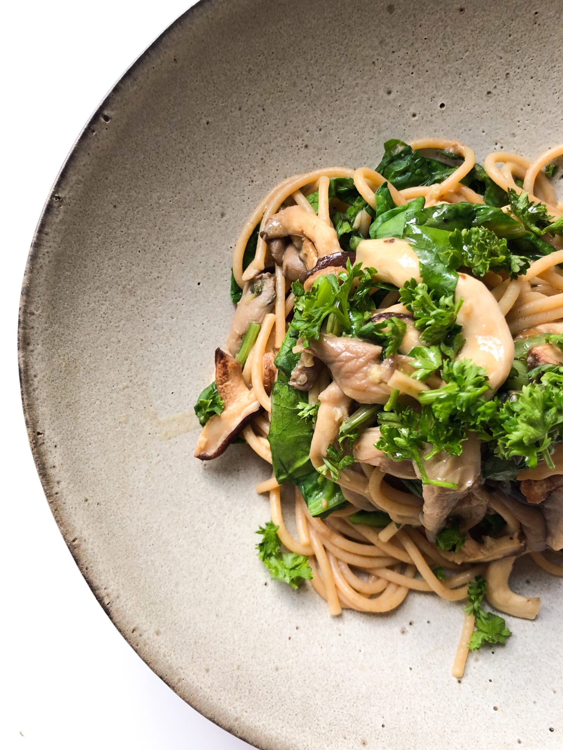 Mushrooms, Spinach and Miso Spaghetti