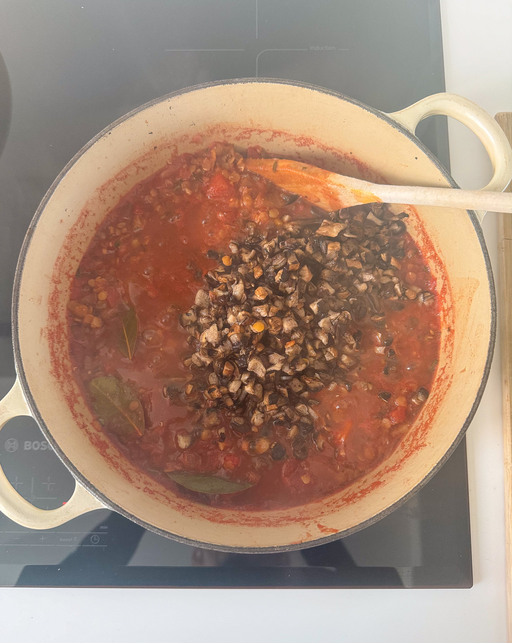 Tomato, Lentil and mushrooms on a pot