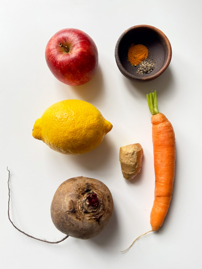 Apple, Beetroot, lemon, carrot, ginger and spices from above