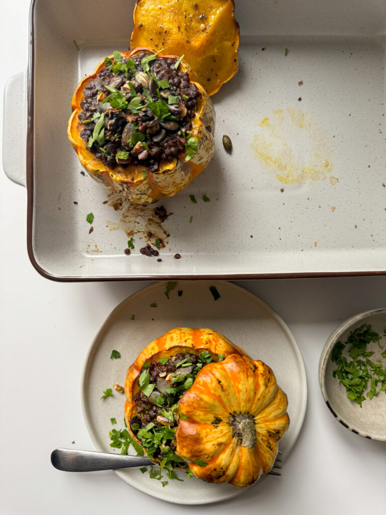 2 little pumpkins, stuffed with a smoky Beluga lentils.