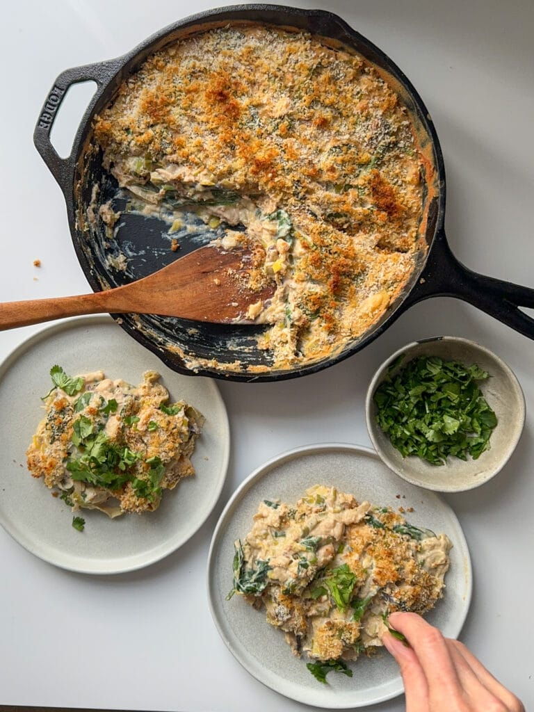 Cheesy Leek and Butter Bean Gratin being served in 2 small plates