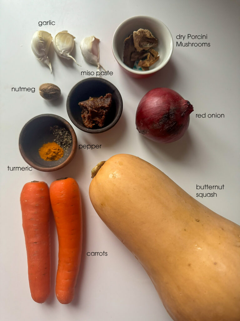 Ingredients for a Butternut squash soup lay flat