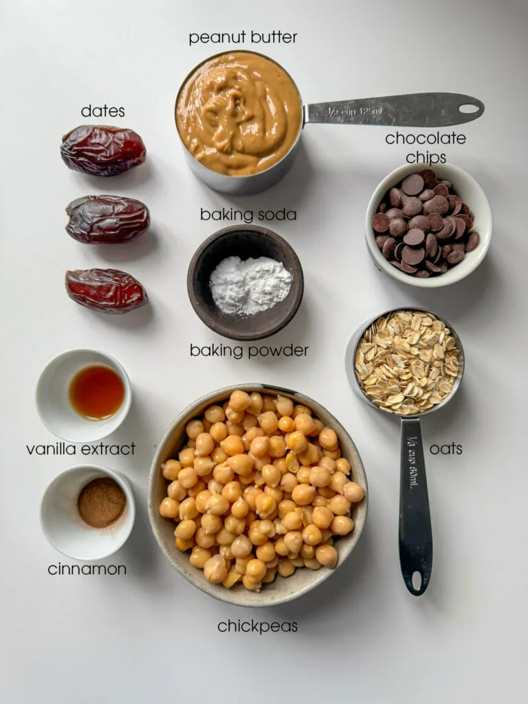 ingredients for the Chickpea Chocolate Chip Cookies laying flat on a white counter