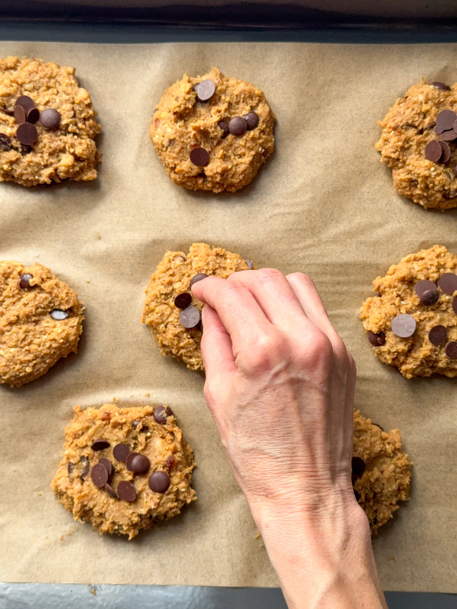 Round shape cookies on a tray with baking paper. Topped with chocolate chips