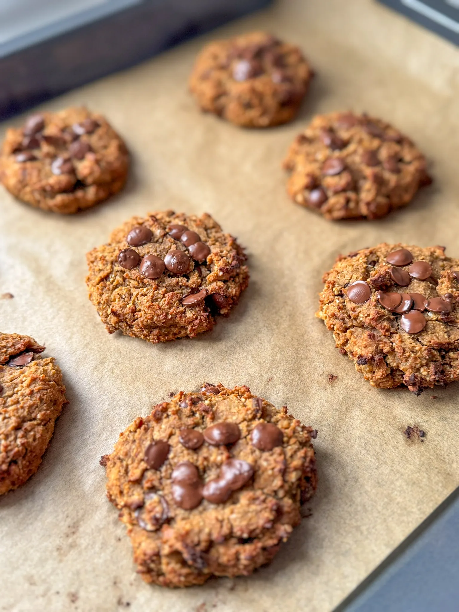 Baked cookies on tray just coming out of the oven