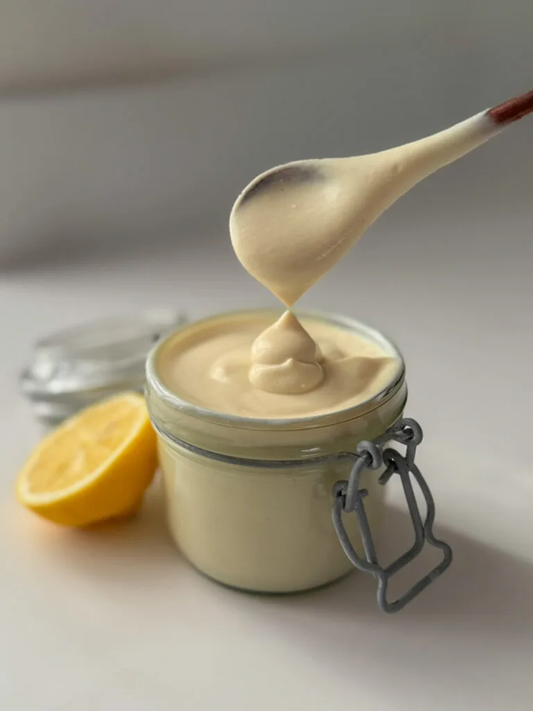 Healthy Vegan Mayonnaise in a small glass jar
