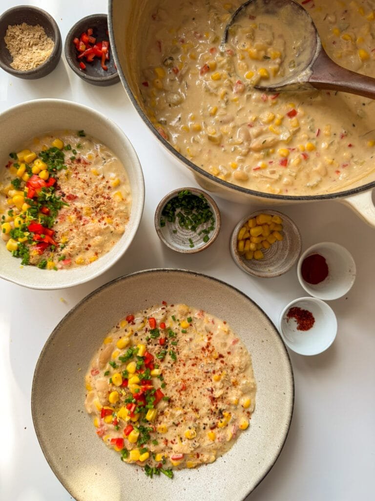 Corn Chowder with White Beans & Lemon Zest in 1 pot, 1 plate and one small bowl